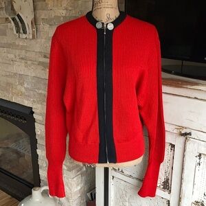 Vtg Obermeyer Germany red zip cardigan sweater black trim 100% wool grandma core